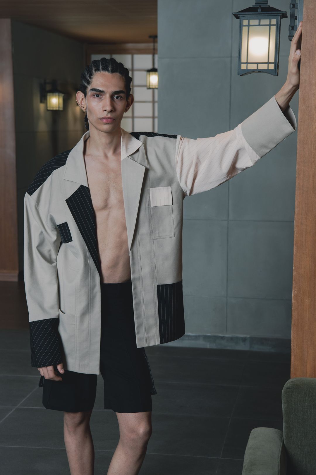 Sand And Black Contrast Lapel Panelled Blazer Set - 4