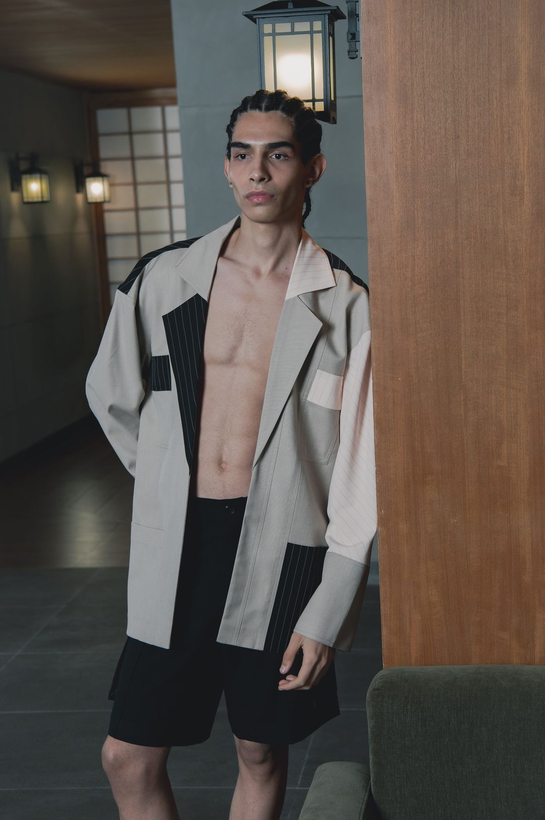 Sand And Black Contrast Lapel Panelled Blazer Set - 5