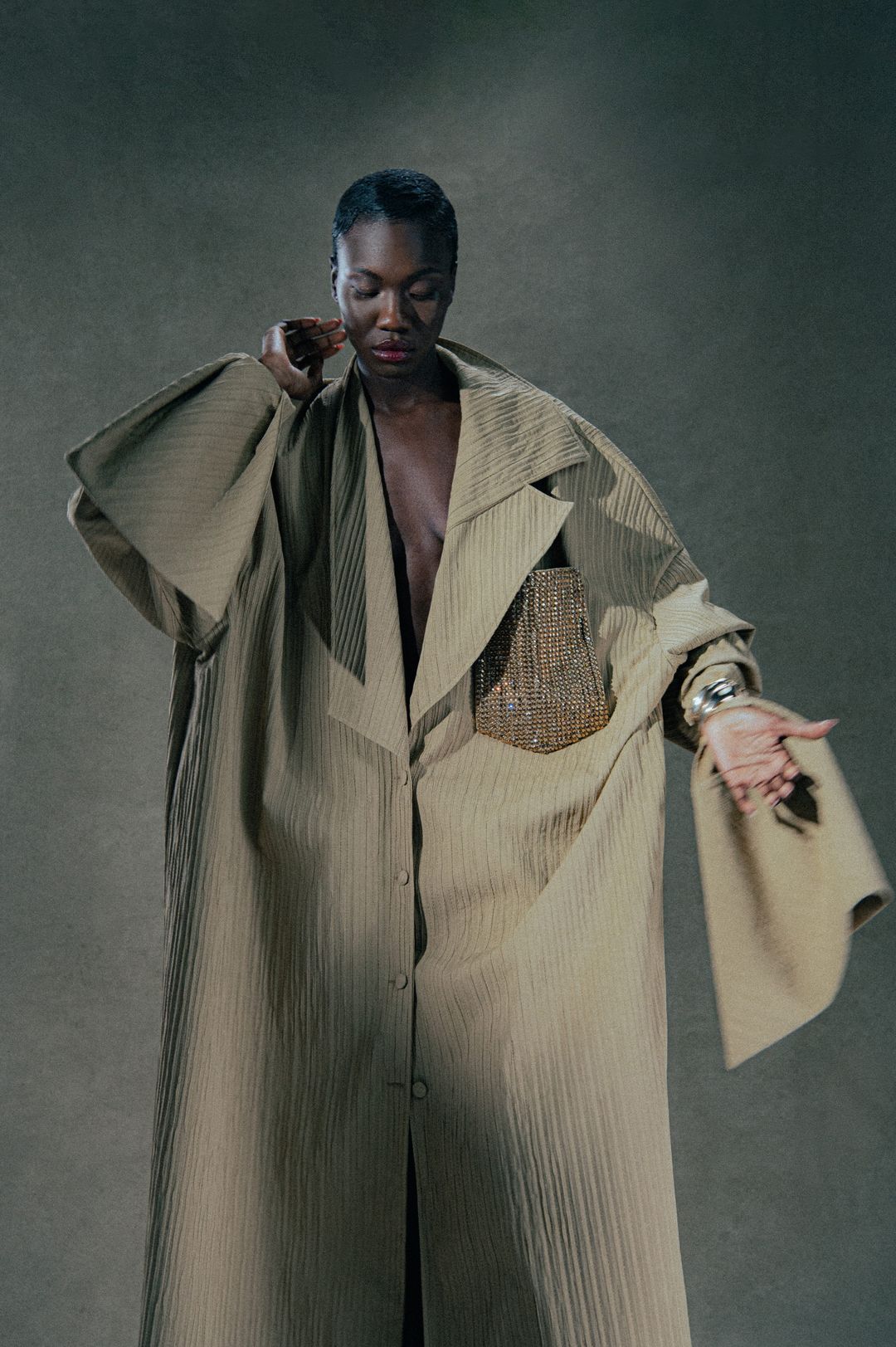olive-beige-embellished-pocket-wrap-coat - 3