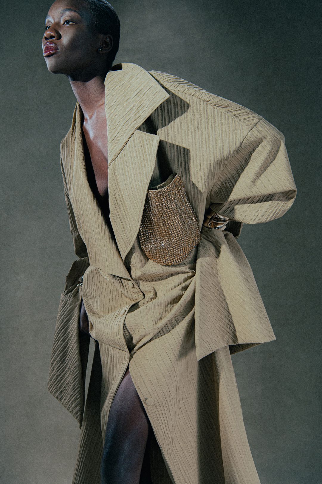 olive-beige-embellished-pocket-wrap-coat - 2