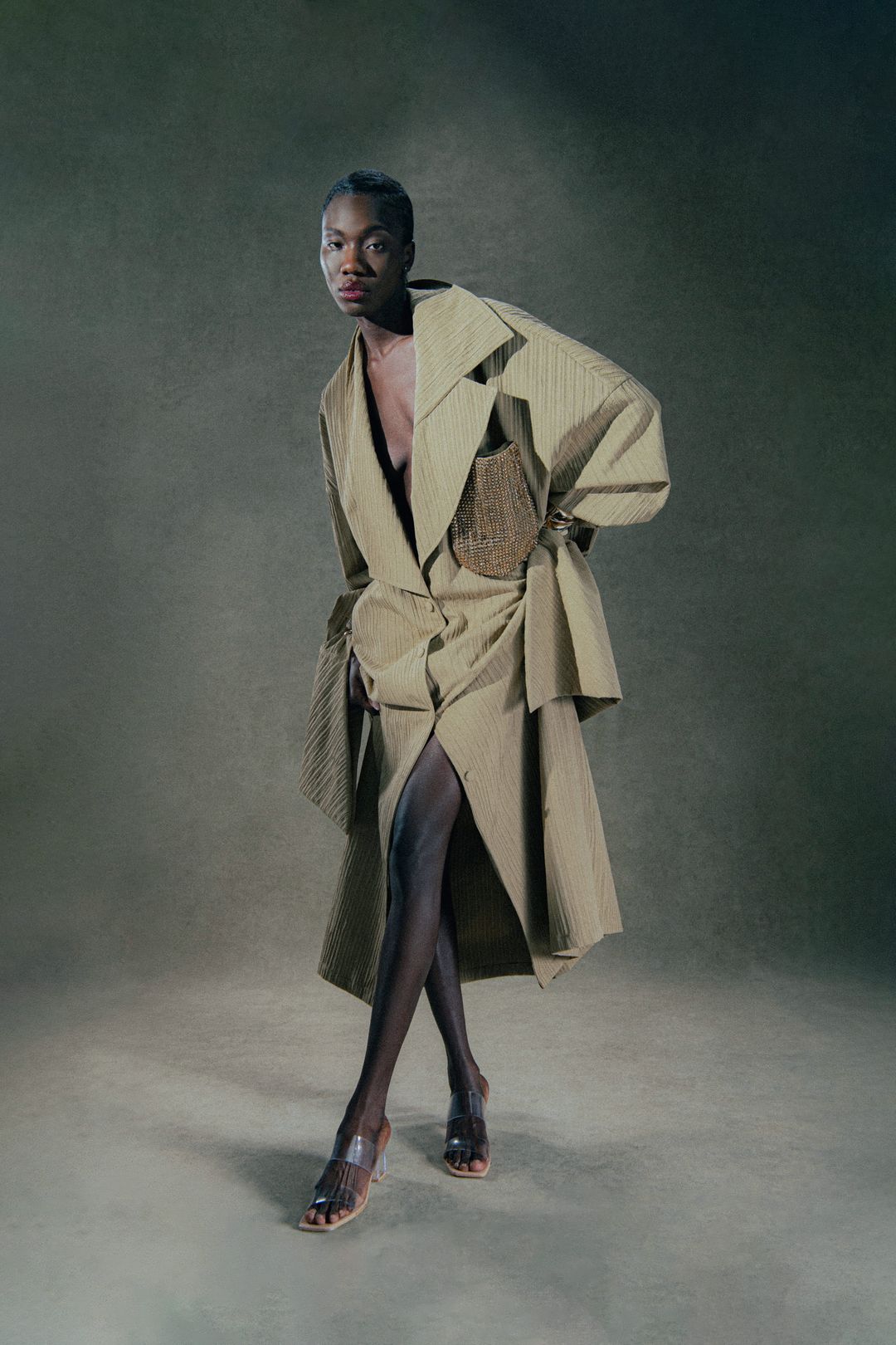 olive-beige-embellished-pocket-wrap-coat - 1