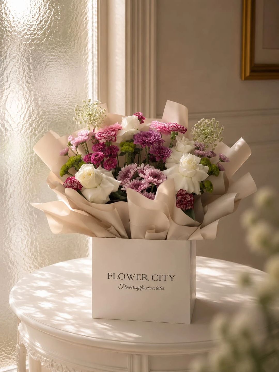 SIMPLE WHITE,PURPLE GREEN BOUQUET - 1