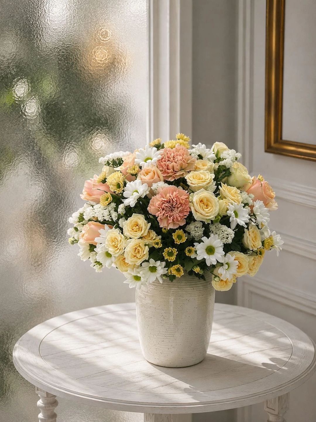 CERAMIC VASE WITH WHITE / BEIGE MIX FLOWERS - 1