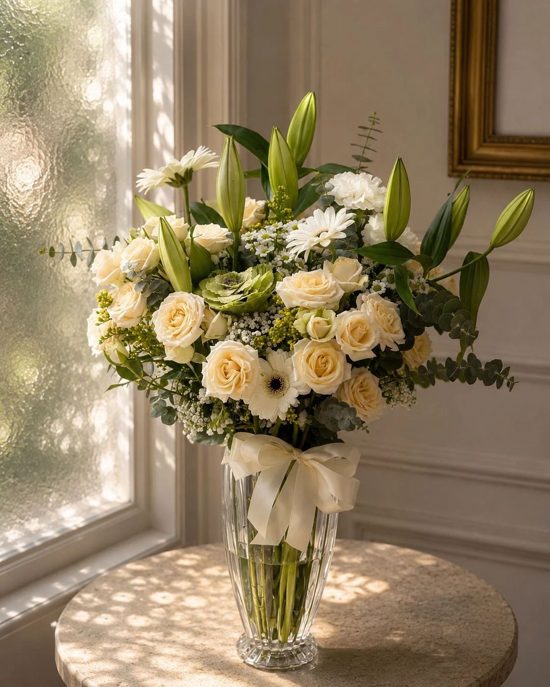 CLEAR VASE WITH GREEN AND BEIGE FLOWERS - 1