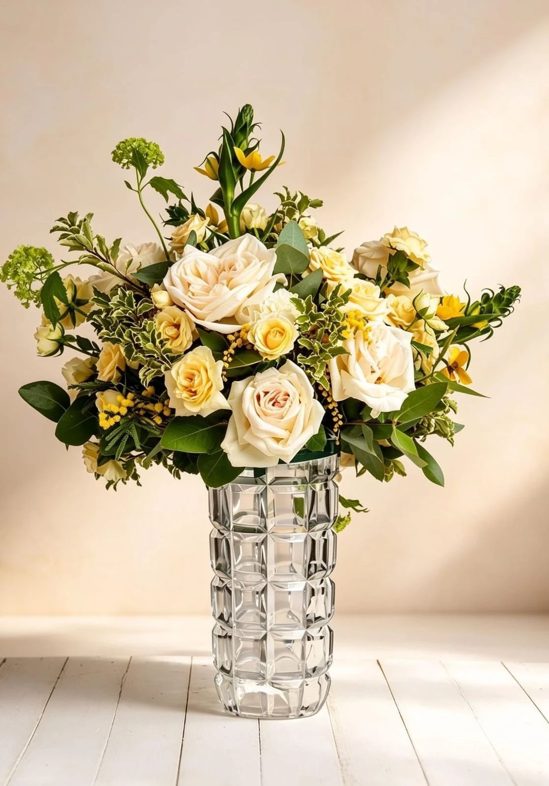 CLEAR VASE WITH BEIGE AND GREEN FLOWERS - 1