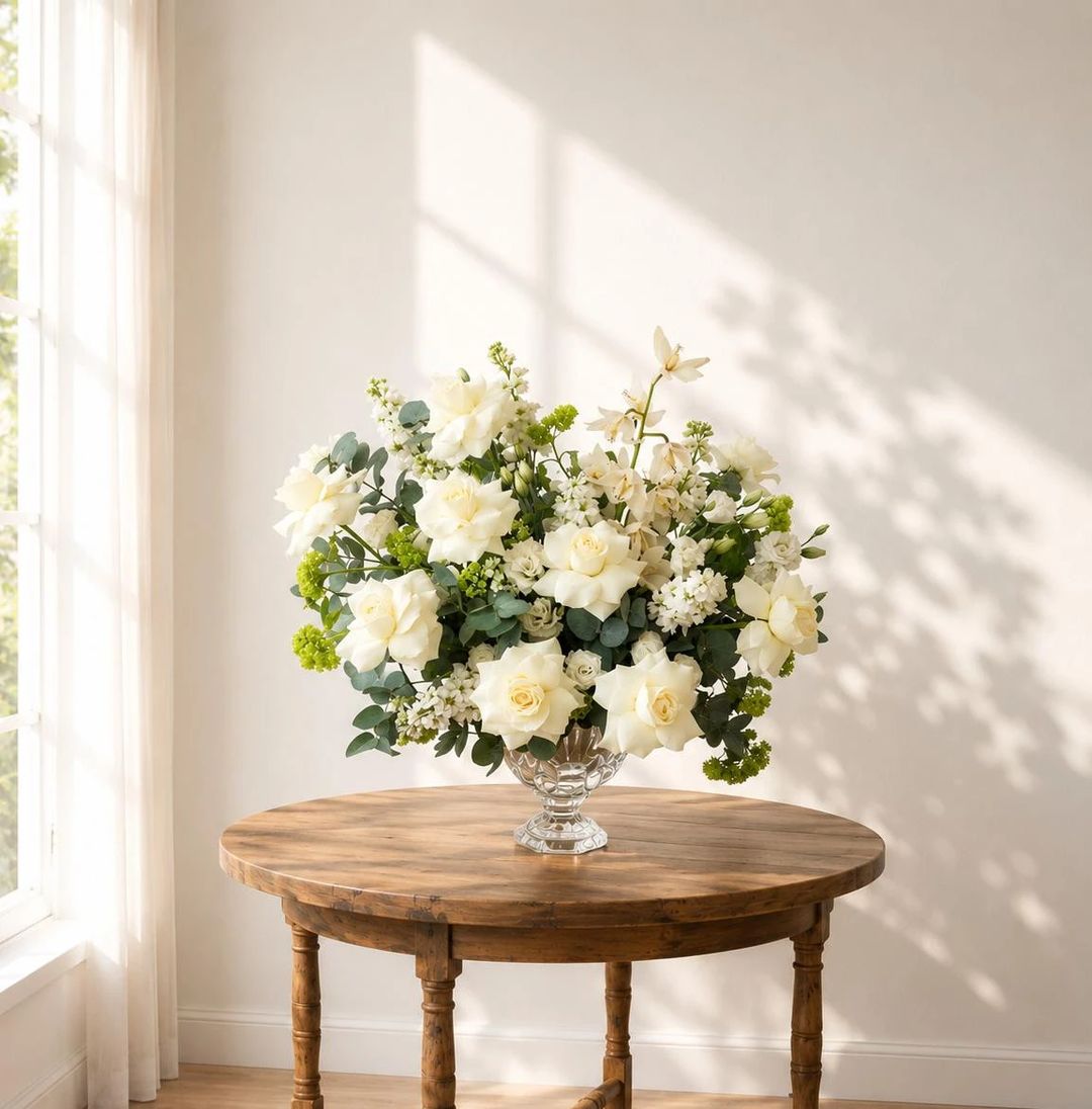 CLEAR VASE WITH MIX WHITE AND GREEN FLOWERS - 1