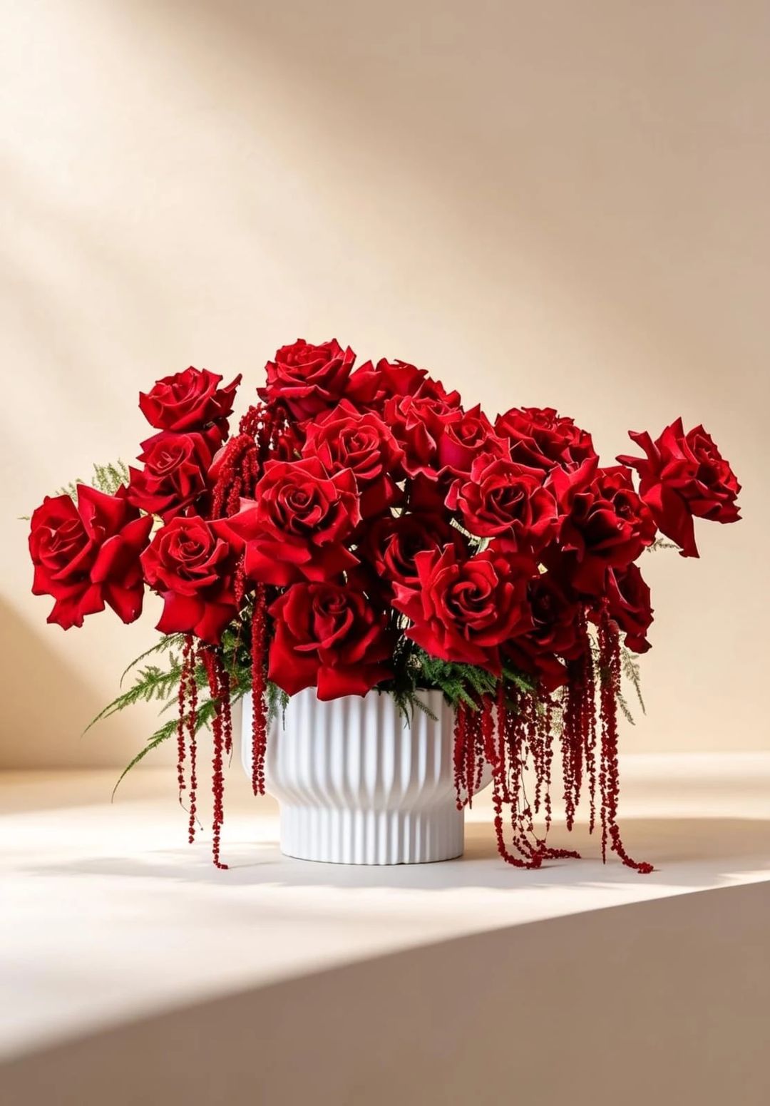 CERAMIC VASE WITH RED ROSES AND AMARANTUS DRY - 1