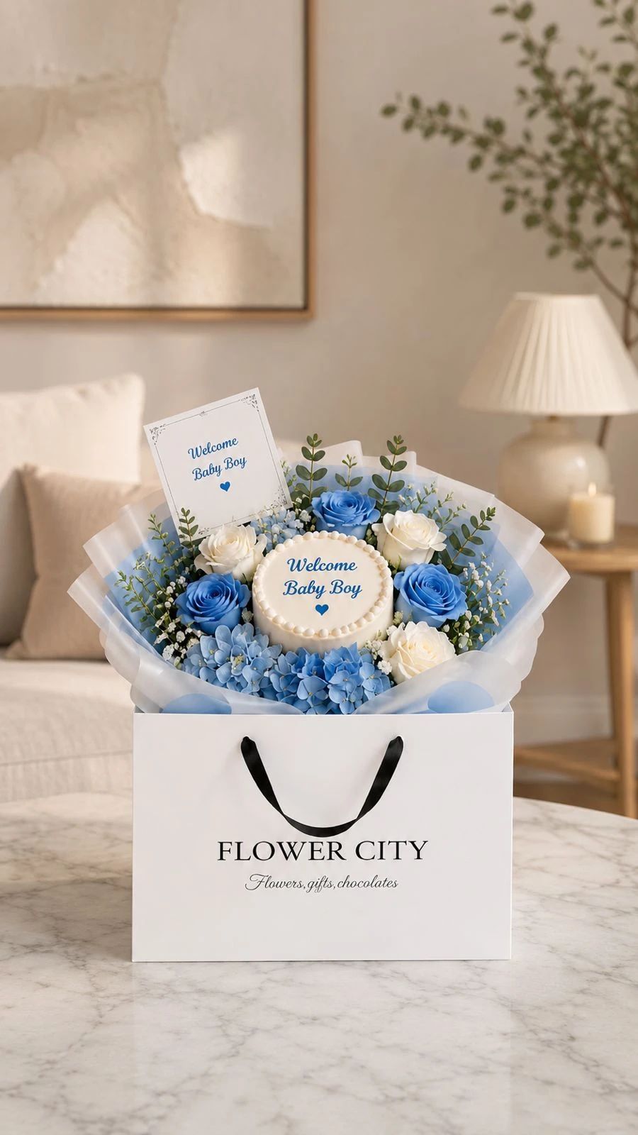 WELCOME BABY BOY CAKE AND FLOWERS - 1