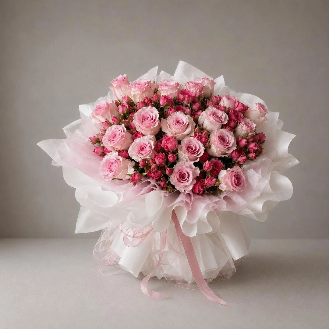PINK ROSES AND BABY ROSES BOUQUET - 1