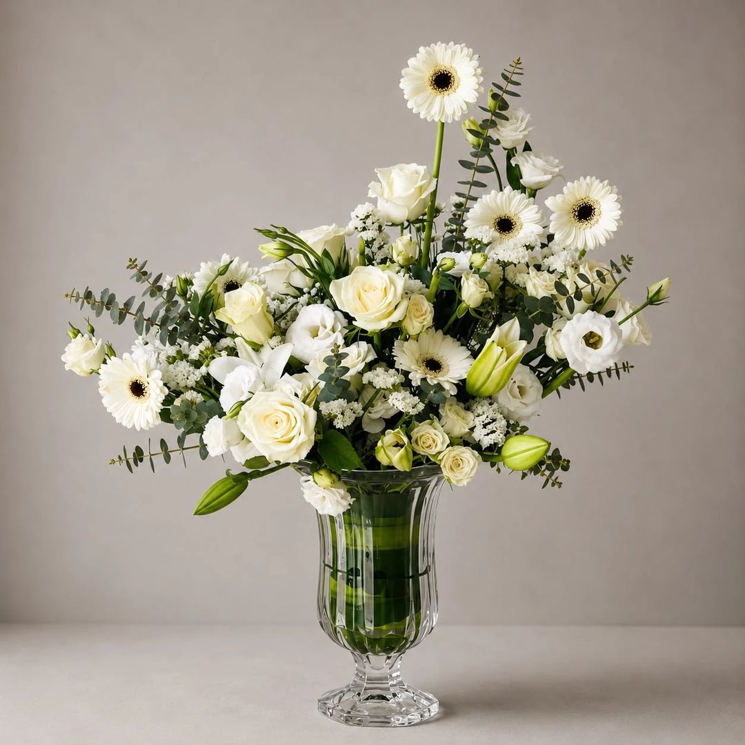 CLEAR VASE WITH WHITE FLOWERS - 1