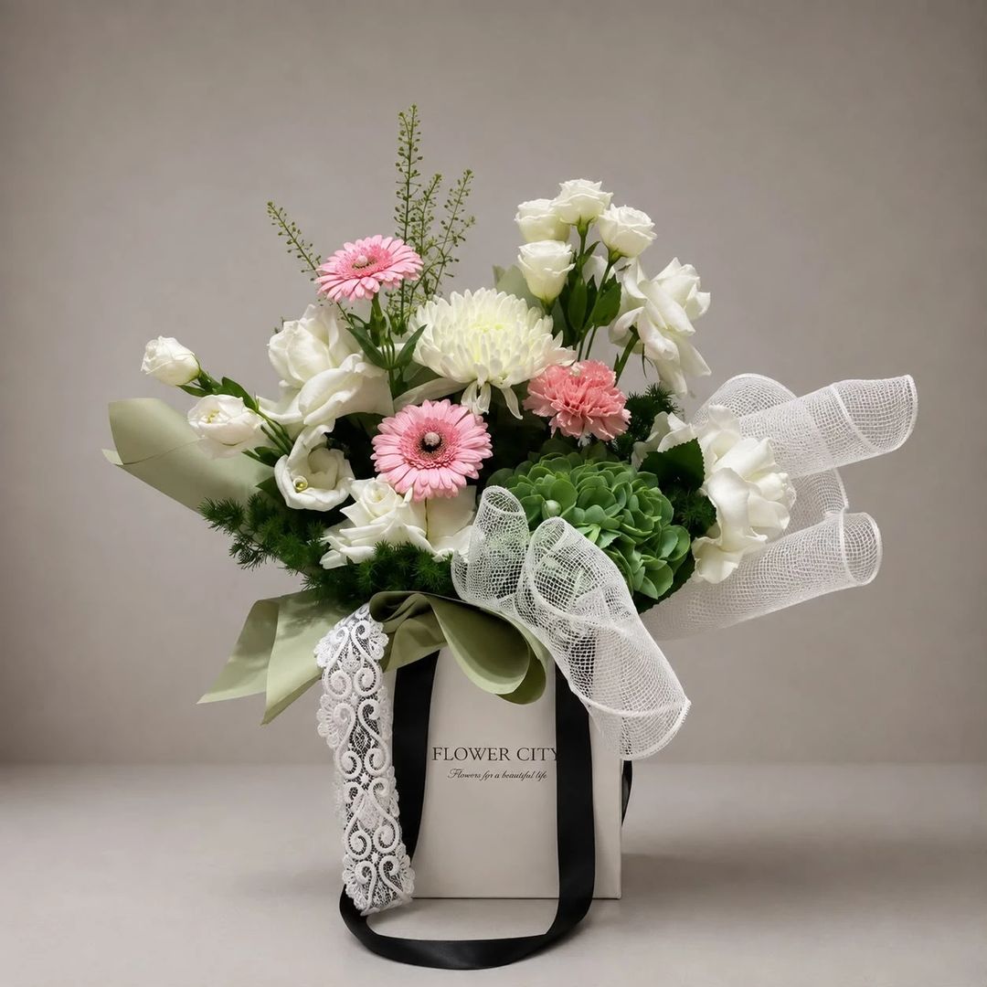 WHITE PINK AND GREEN BOUQUET - 1