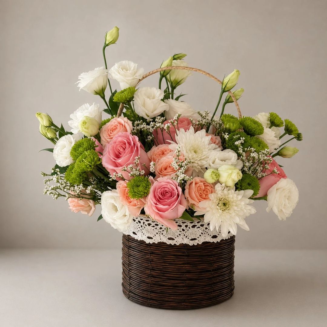 WHITE PINK AND GREEN BASKET OF FLOWERS - 1
