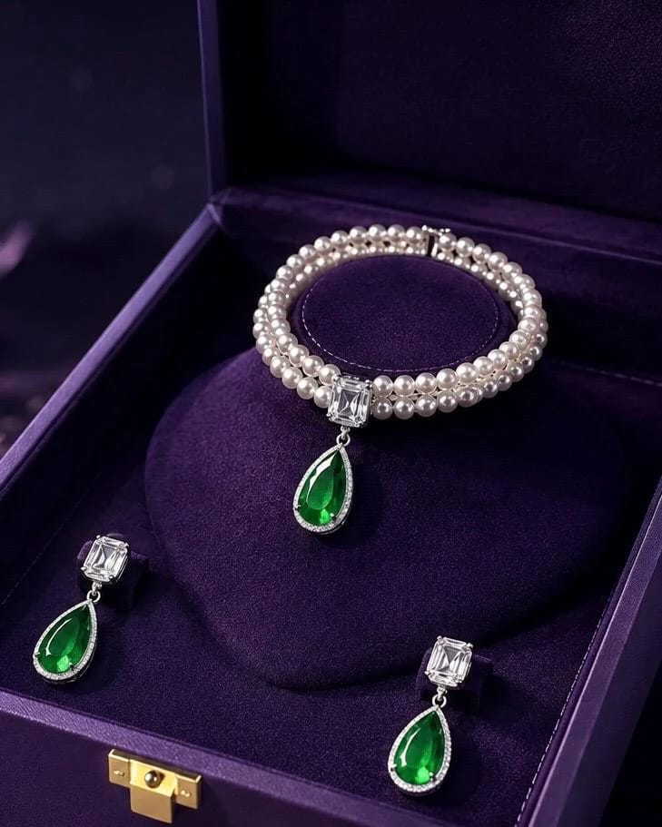 Necklace Jewellery Set Pearl with Green Stone -1113 - 1