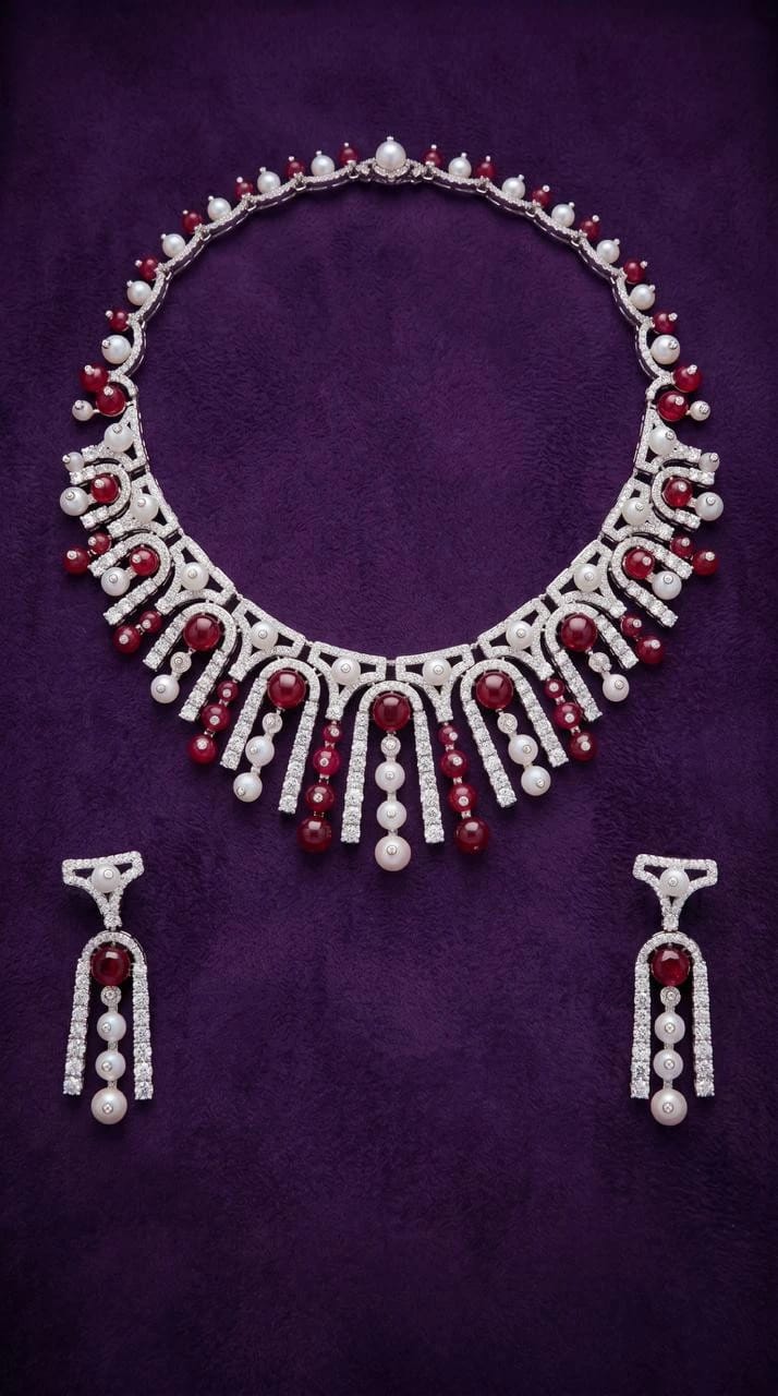 Necklace Jewellery Set 1104 - Red & Peach Stone - 1