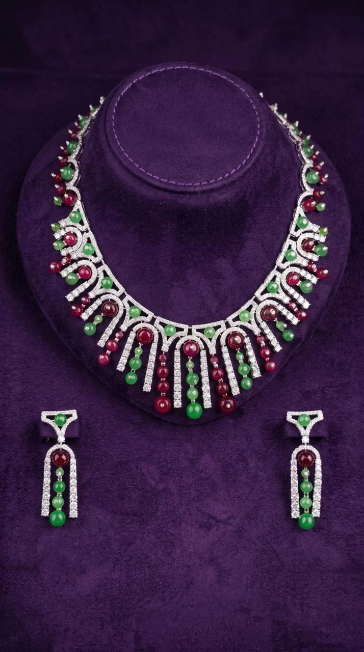 Necklace Jewellery Set 1104 - Red & Green Stone - 1