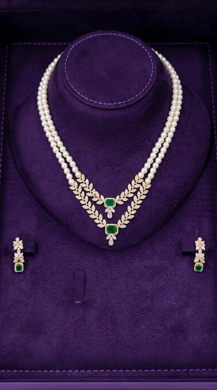 Necklace Jewellery Set 1127 - Pearl with Green Stone - 1