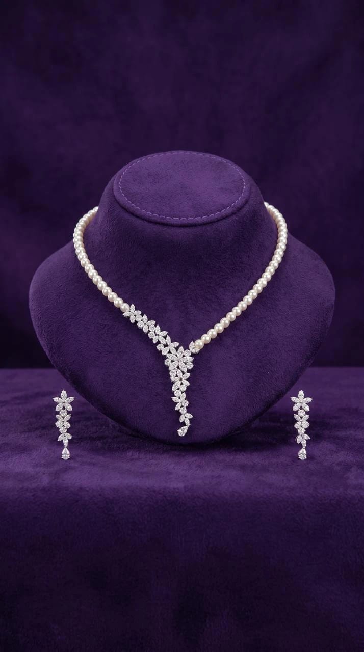 Necklace Jewellery Set 1126 - Silver Pearl - 1
