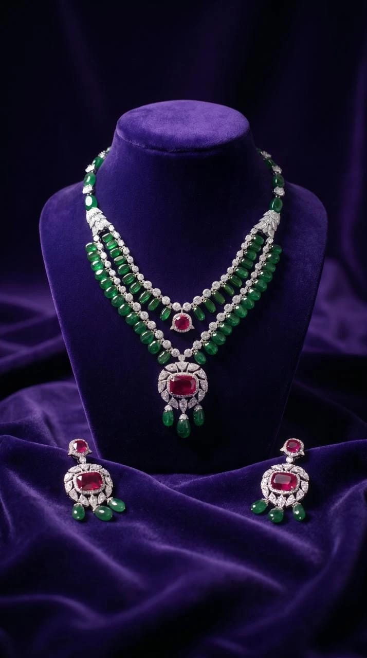 Necklace Jewellery Set 1110 - Green with Red Stone - 1