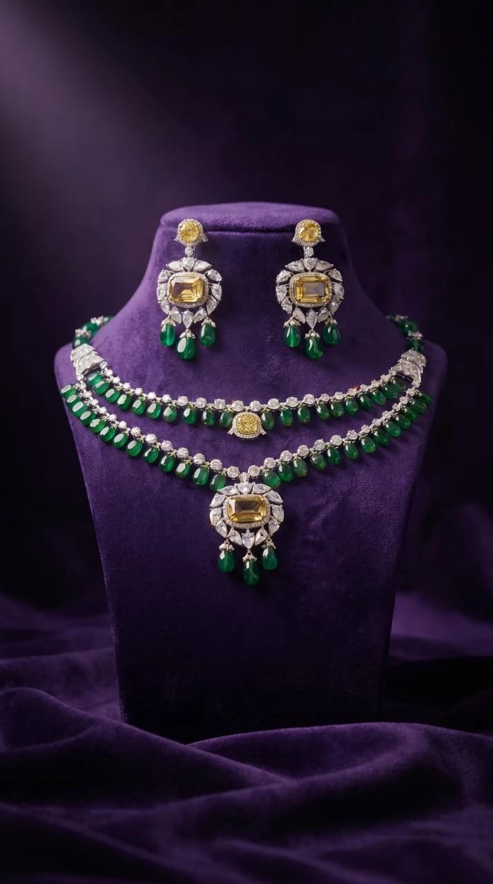 Necklace Jewellery Set 1110 Green with Yellow Stone - 1