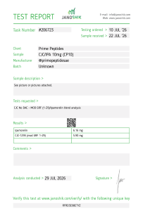 First page of Janoshik #206723, the published test report for CJC+IPA Blend 10 mg.