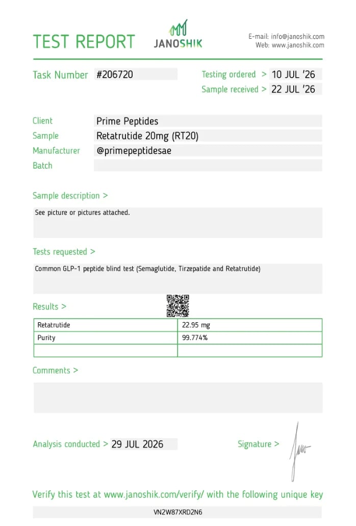 First page of Janoshik test report 206720, the published test report for GLP-3 20 mg.