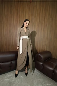 Mocha Ivory Wrap-Sash Draped Coat thumb 18