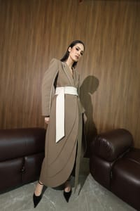 Mocha Ivory Wrap-Sash Draped Coat thumb 16