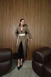Mocha Ivory Wrap-Sash Draped Coat thumb 15
