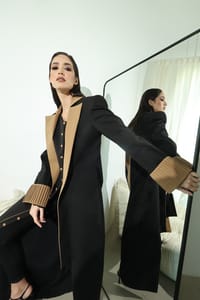 Black Camel Contrast-Panel Long Coat thumb 7