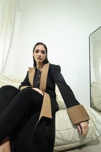 Black Camel Contrast-Panel Long Coat thumb 12