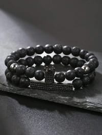 2 Black Matte Stone & Cubic Zirconia Crown Charm Elastic Bracelet thumb 2