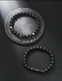 2 Black Matte Stone & Cubic Zirconia Crown Charm Elastic Bracelet thumb 3