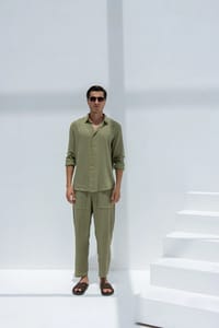 Linen Set  (shirt, trouser, short) - Olive Green thumb 4