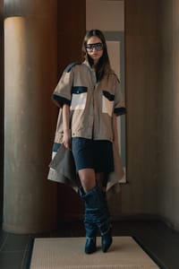 Beige And Midnight Blue Convertible Trench Jacket Set thumb 9