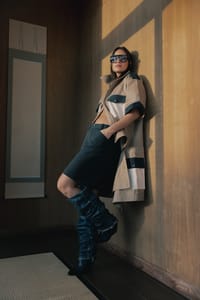 Beige And Midnight Blue Convertible Trench Jacket Set thumb 7