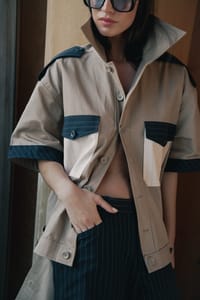 Beige And Midnight Blue Convertible Trench Jacket Set thumb 13