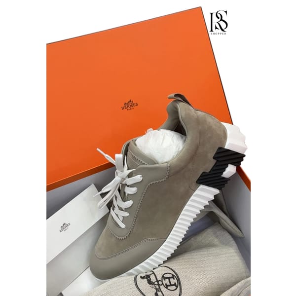 Hermes Men's Etoupe Suede Brume Bouncing Sneaker