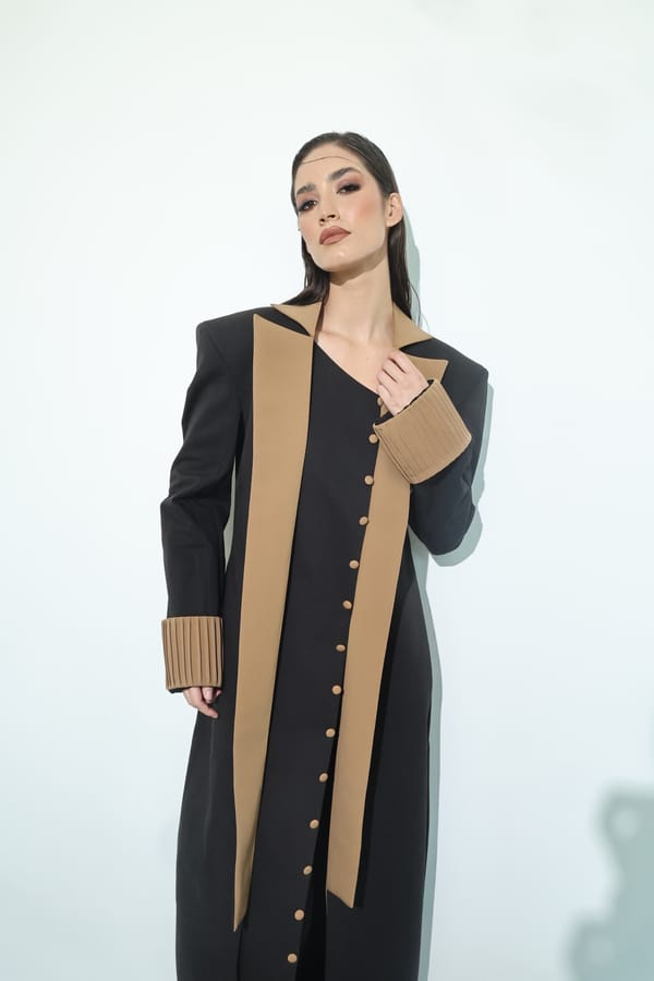 Black Camel Contrast-Panel Long Coat