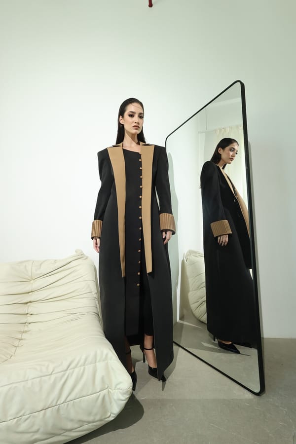 Black Camel Contrast-Panel Long Coat