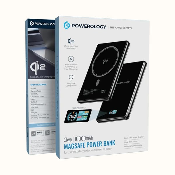 Powerology Skye 10000mAh Qi2 MagSafe Power Bank with TFT Smart Display, Magnetic Wireless Fast Charging, USB-C Power Delivery - Black
