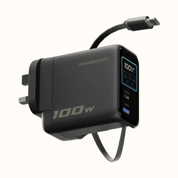 Powerology 100W Wall Charger with TFT Smart Display and Retractable USB-C Cable, PD Fast Charging for MacBook, iPhone, iPad and Android - Black