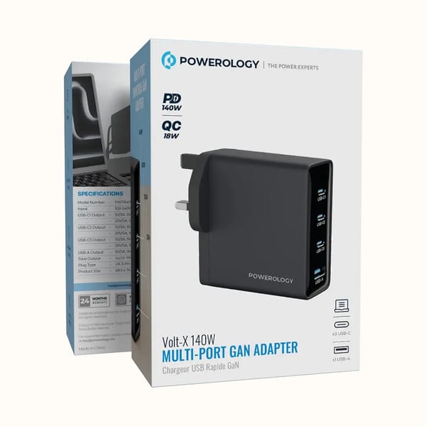 Powerology Volt-X 140W GaN Fast Charger, 4-Port (3x USB-C PD + USB-A), Charges MacBook, iPhone, iPad and Watch Simultaneously, Compact GaN Design - Black