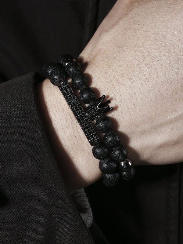 2 Black Matte Stone & Cubic Zirconia Crown Charm Elastic Bracelet