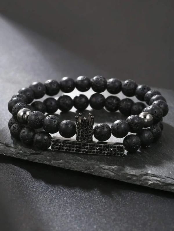 2 Black Matte Stone & Cubic Zirconia Crown Charm Elastic Bracelet