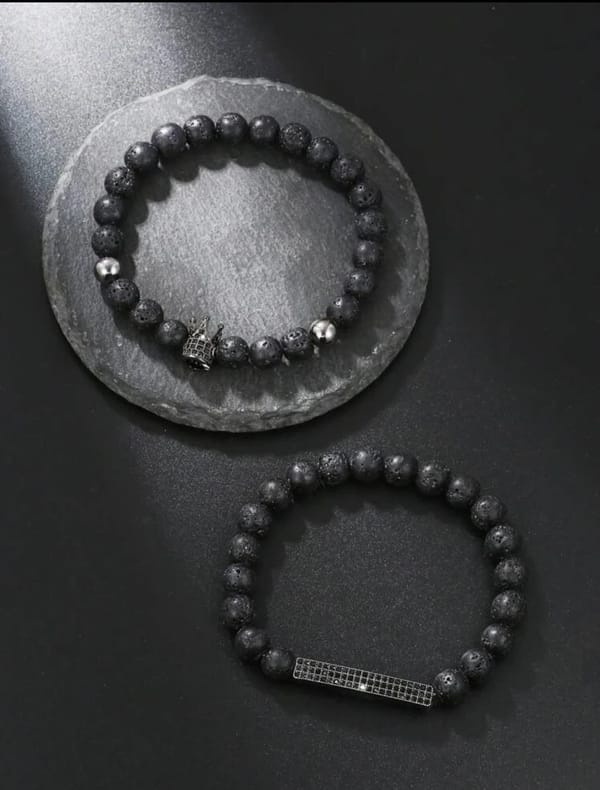 2 Black Matte Stone & Cubic Zirconia Crown Charm Elastic Bracelet