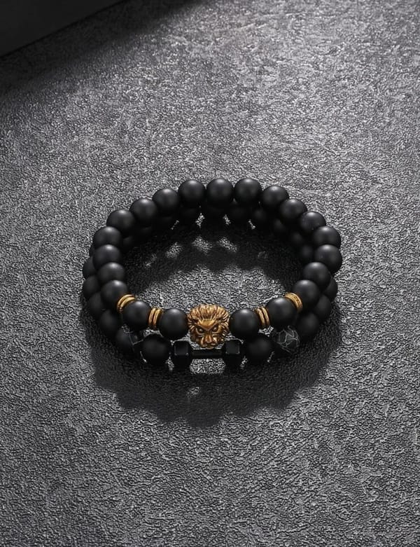 2 Pieces Men Lion Head Style Beaded Bracelet