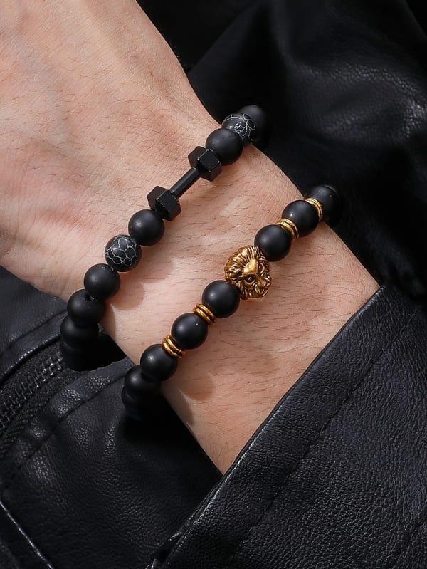 2 Pieces Men Lion Head Style Beaded Bracelet