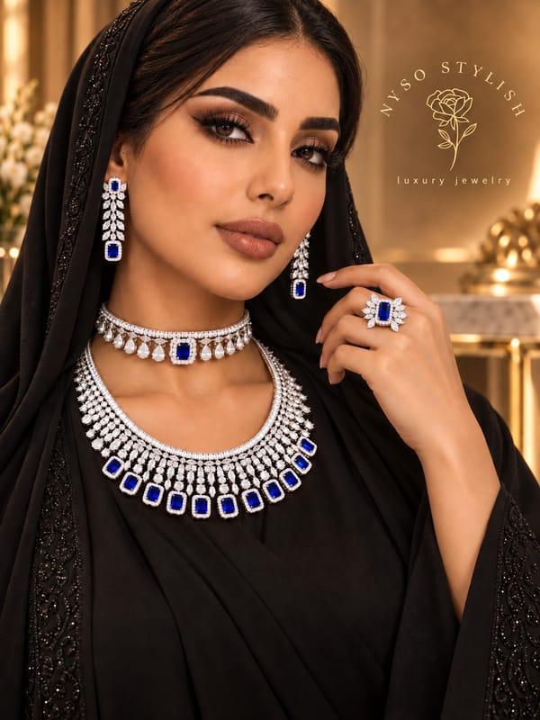 طقم مميز بالزركون الأبيض ومرصع بالياقوت الأزرق بدقة الألماس