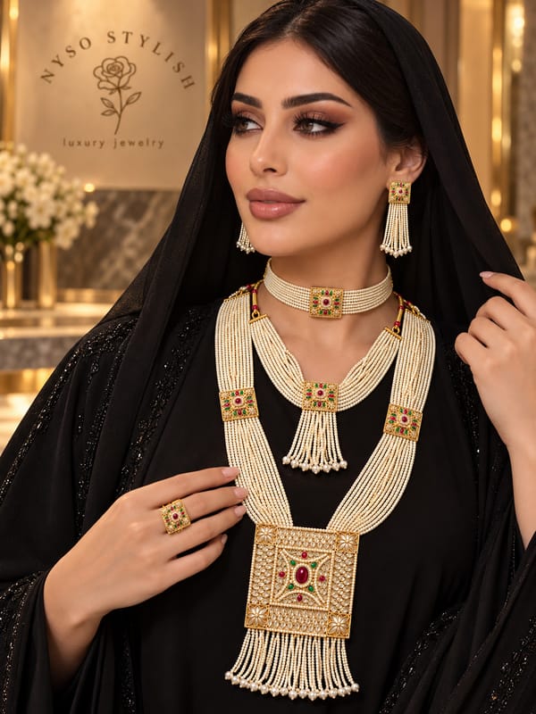طقم لؤلؤ مزين بأحجار الياقوت الأحمر والأخضر والذهب