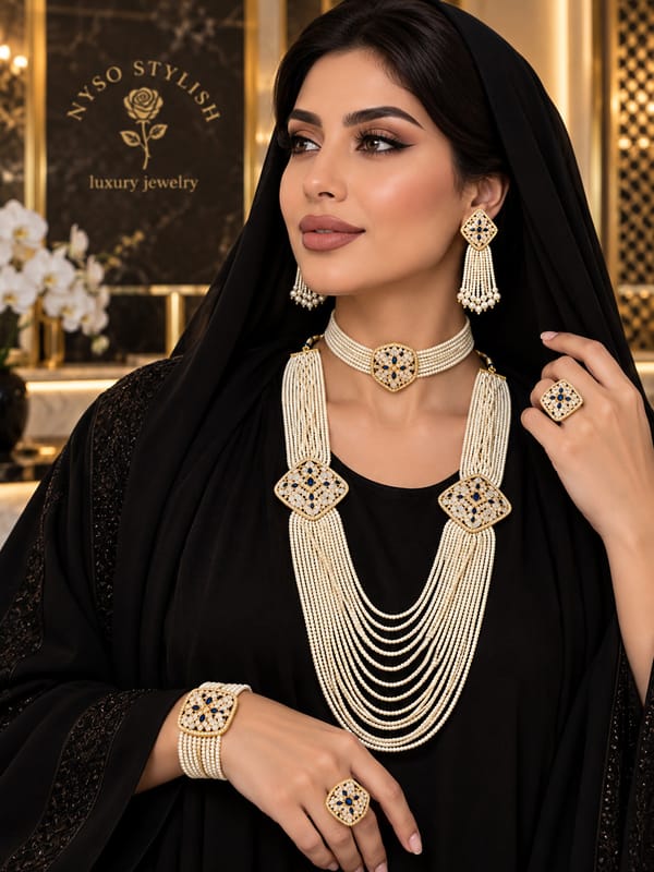 طقم لؤلؤ مزين بأحجار الياقوت الأزرق والذهب